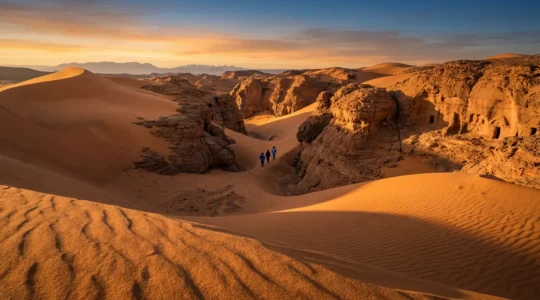 Vue panoramique des dunes du Sahara avec des silhouettes de voyageurs explorant un canyon rocheux au crépuscule