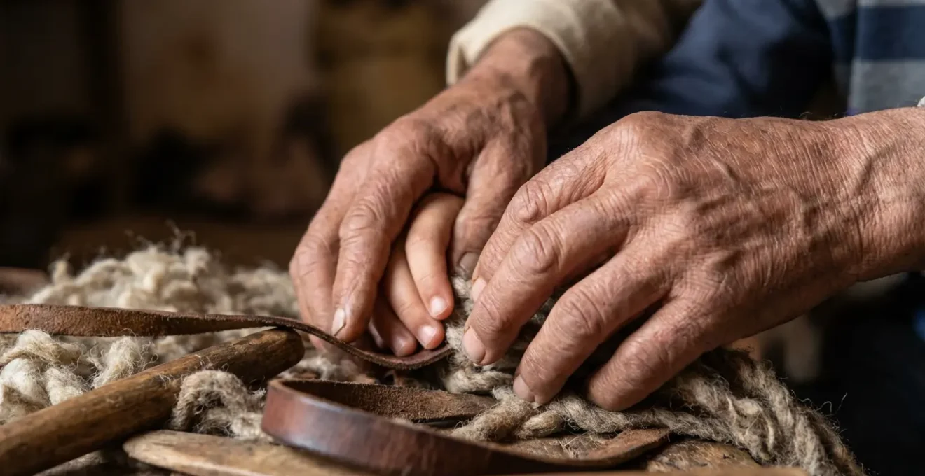 Ancien berbère partageant son savoir avec un jeune voyageur à travers des gestes et objets traditionnels