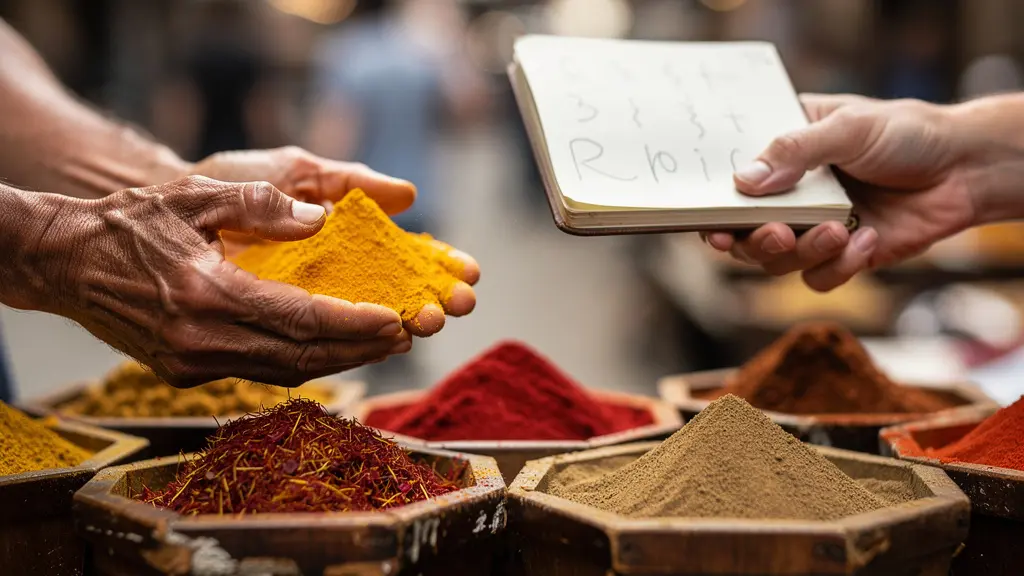 Voyageur apprenant des mots arabes avec un marchand d'épices souriant
