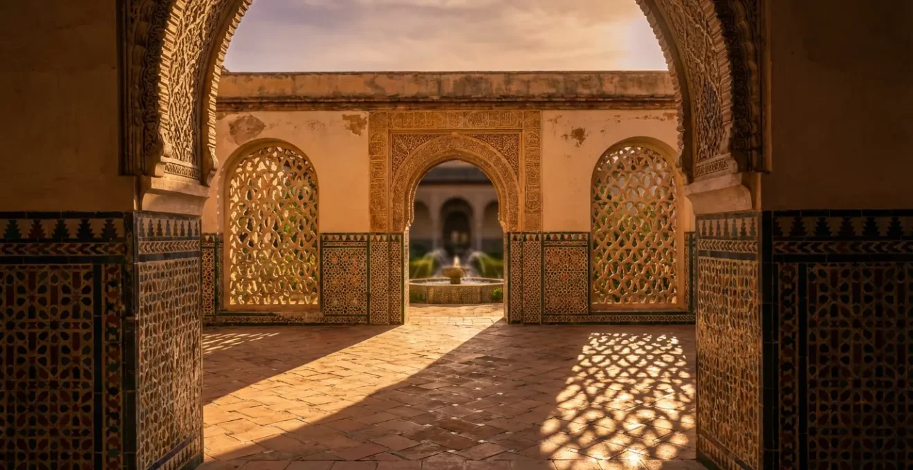 Vue panoramique de détails architecturaux mêlant zellige marocain et azulejos espagnols avec jeu de lumière et d'ombres