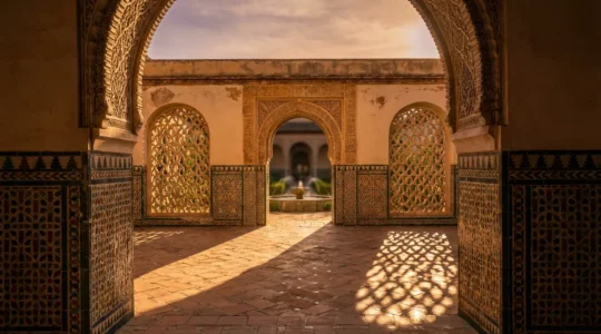 Vue panoramique de détails architecturaux mêlant zellige marocain et azulejos espagnols avec jeu de lumière et d'ombres