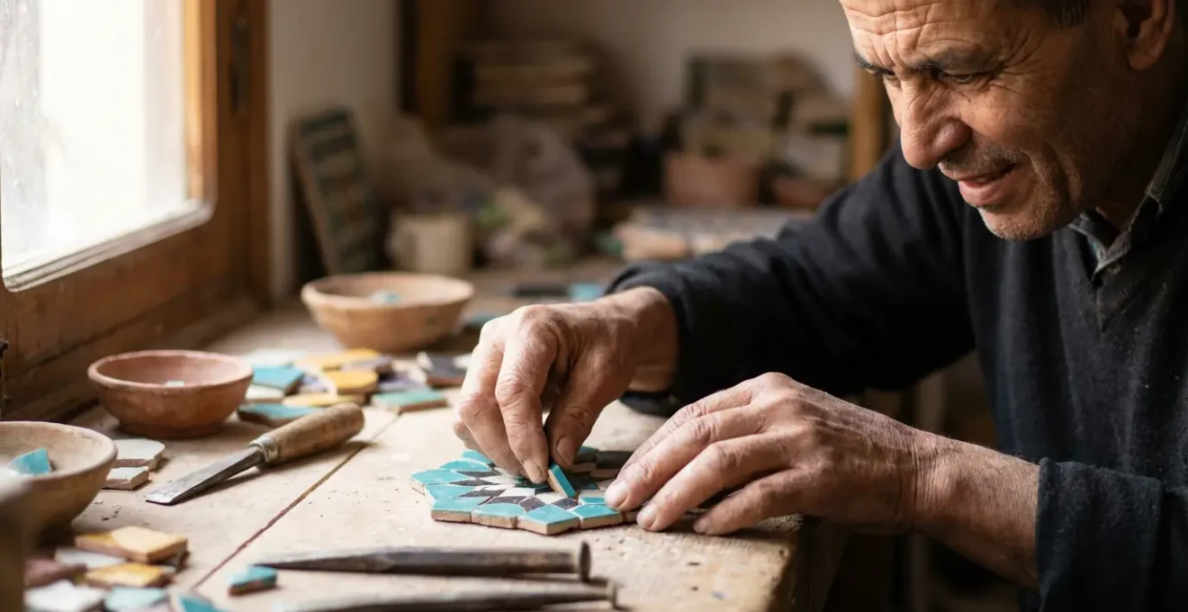 Artisan maâlem travaillant avec concentration sur une mosaïque de zellige traditionnel dans un atelier lumineux