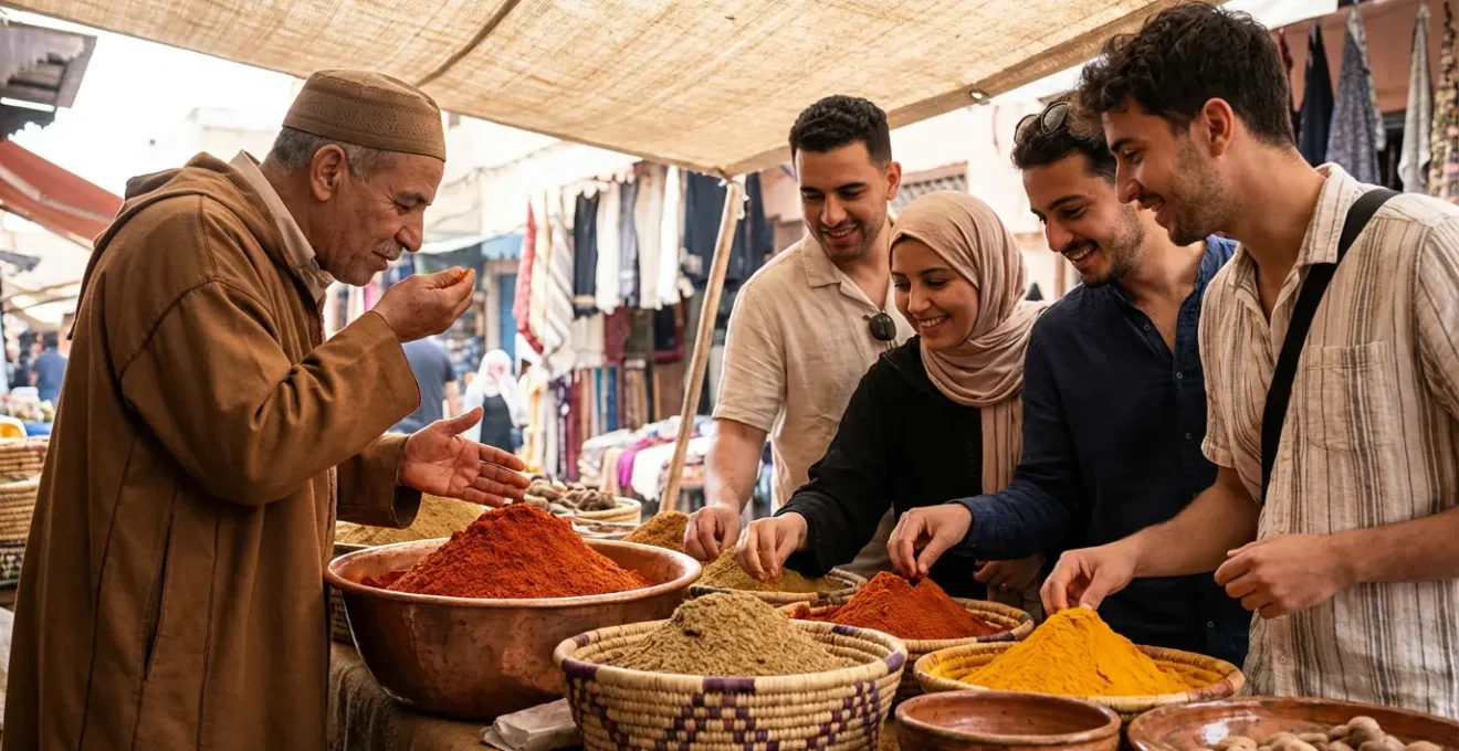 Cours de cuisine au marché aux épices du Maghreb avec chef et participants