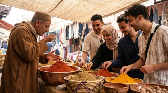 Cours de cuisine au marché aux épices du Maghreb avec chef et participants