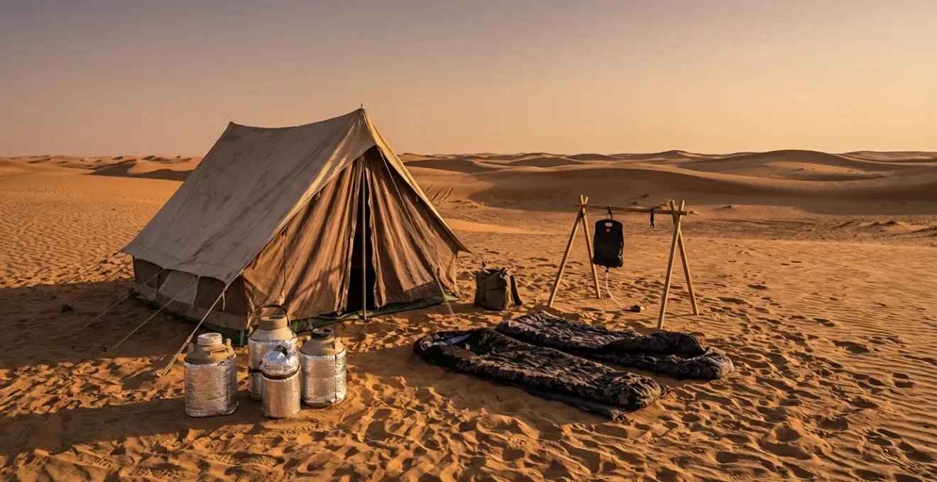 Bivouac dans le désert avec équipement de survie et système d'eau portable