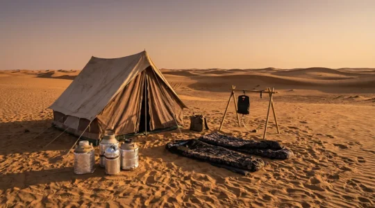 Bivouac dans le désert avec équipement de survie et système d'eau portable