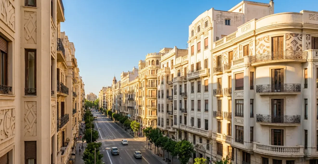 Façades Art déco d'immeubles alignés sur le boulevard Mohammed V à Casablanca avec leurs balcons en fer forgé caractéristiques