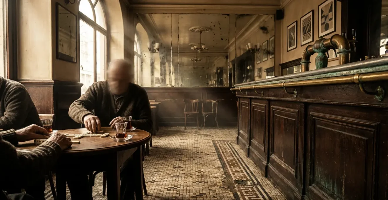 Intérieur d'un café historique avec mobilier d'époque, carrelages géométriques et miroirs Art déco