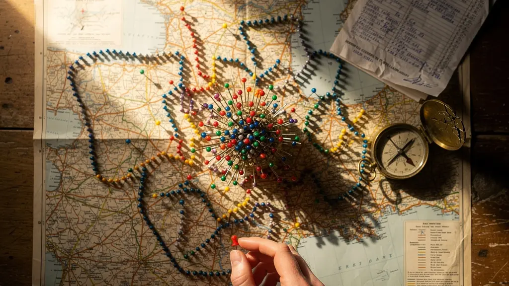 Carte routière avec trop d'épingles formant un itinéraire saturé et des trajets en zigzag