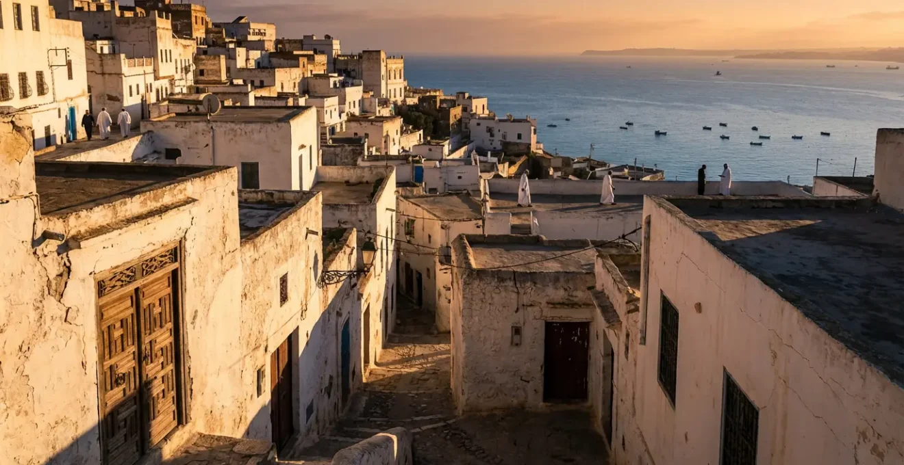 Vue panoramique des ruelles blanches de la Casbah d'Alger descendant vers la baie méditerranéenne