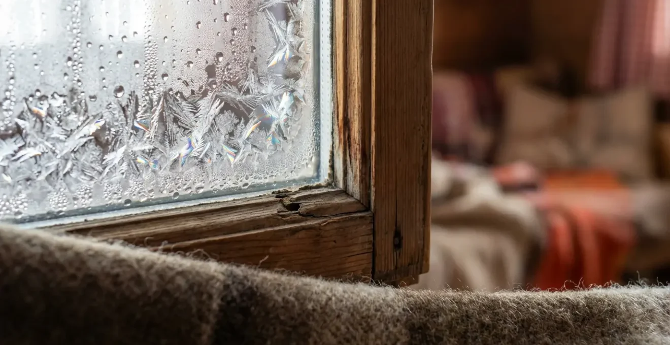 Chambre rustique avec fenêtre simple vitrage laissant voir le givre et condensation