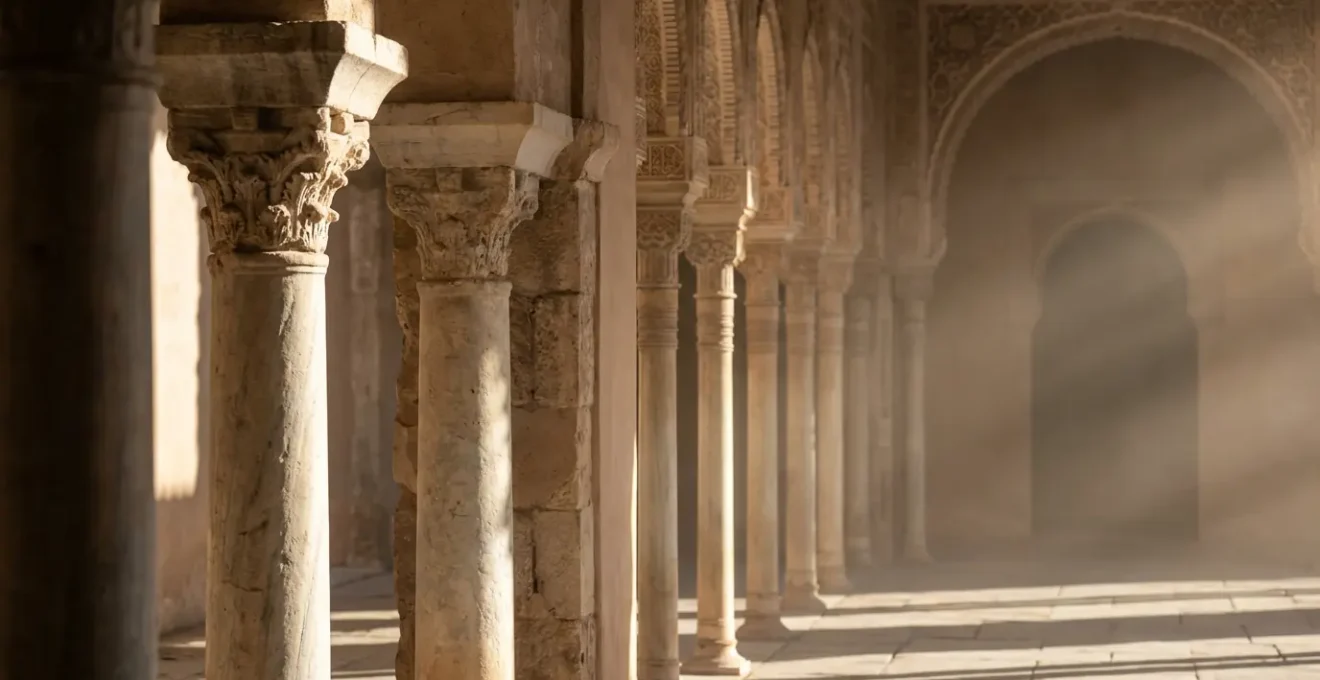Alignement de colonnes montrant l'évolution du style romain au nasride