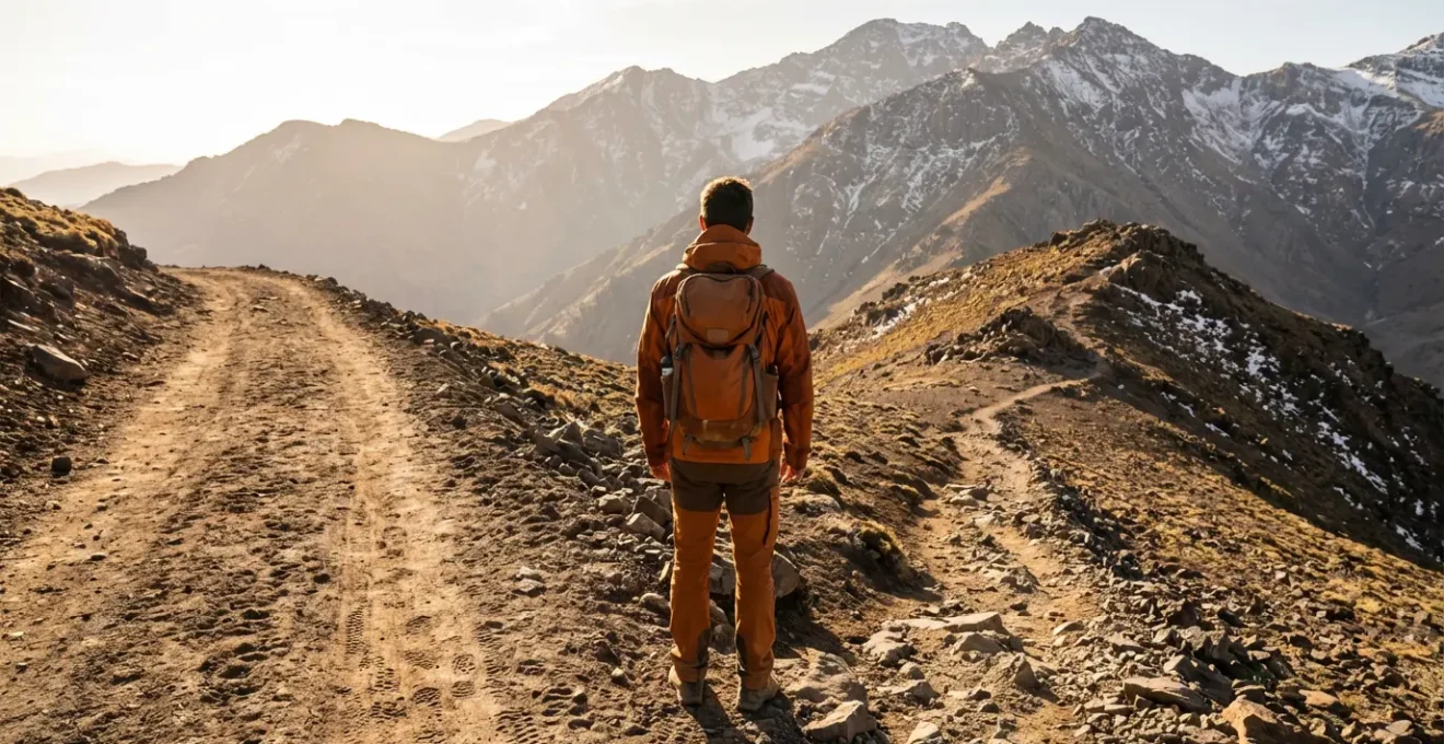 Vue aérienne des deux itinéraires du Toubkal avec un randonneur au premier plan contemplant les deux chemins en automne