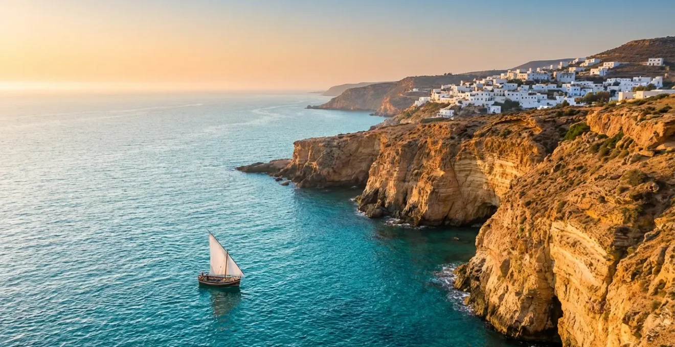 Vue panoramique sur la côte méditerranéenne du Maghreb avec falaises ocres, mer turquoise et ville blanche au crépuscule