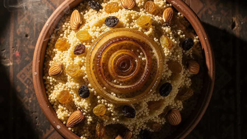 Couscous tfaya garni d'oignons caramélisés, raisins secs et amandes dorées
