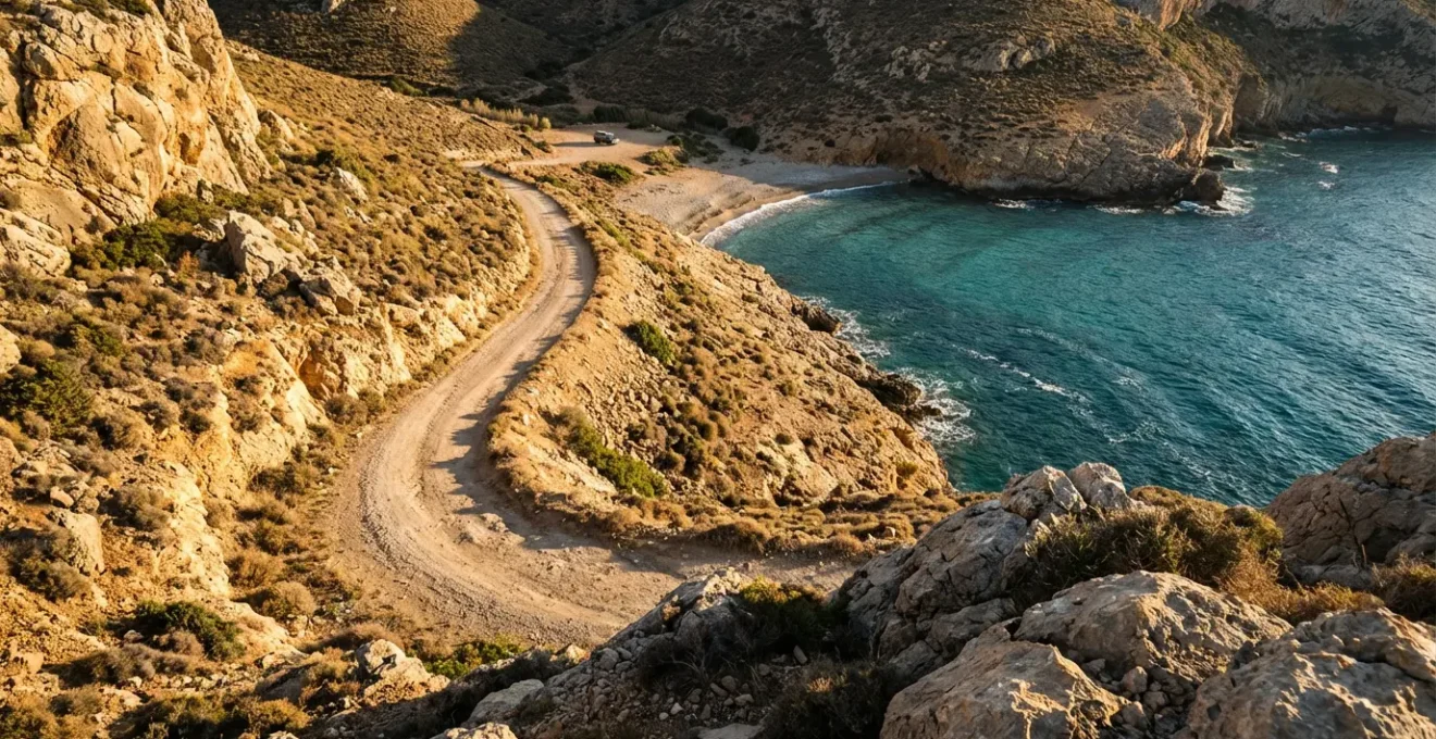 Crique méditerranéenne cachée avec chemin de terre serpentant entre les rochers et voiture garée au loin
