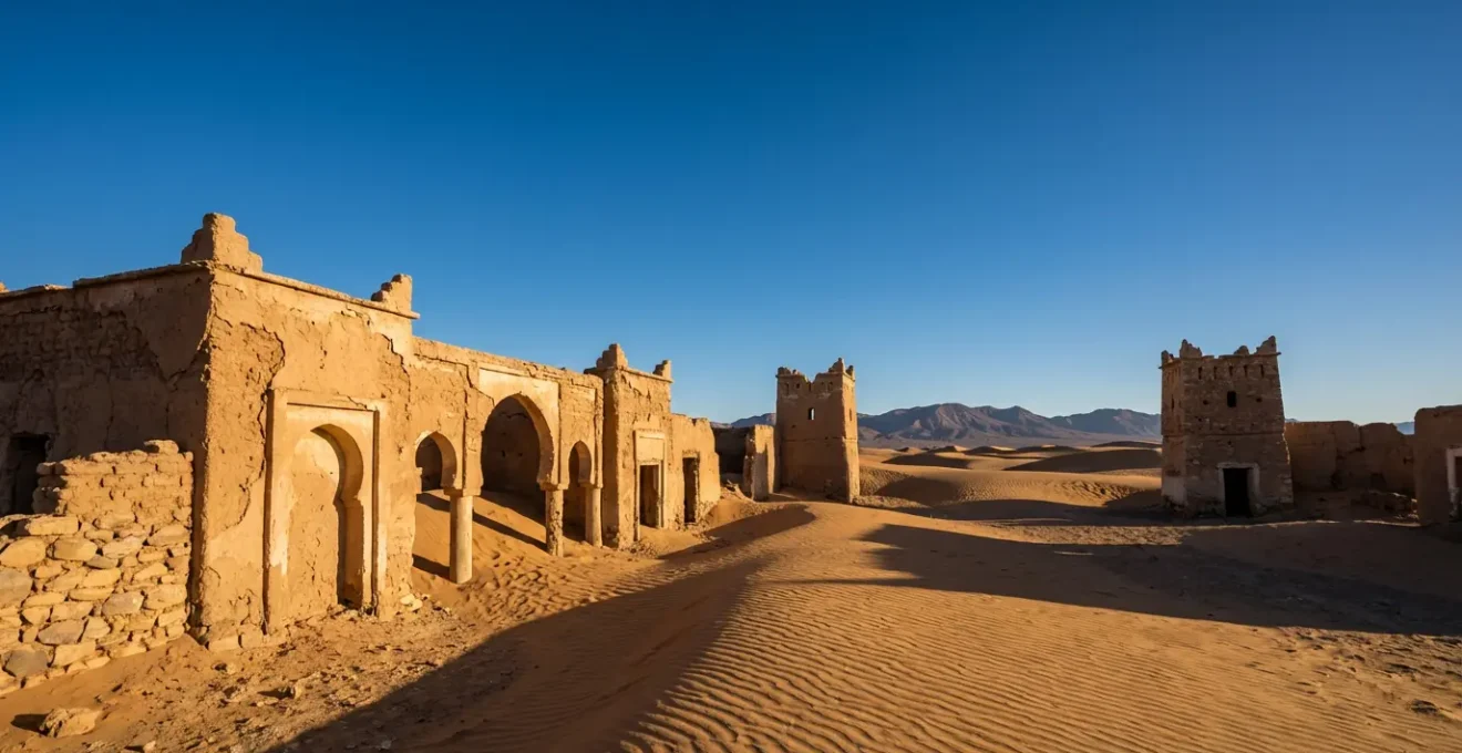 Structures de décors de film en terre et pierre érodées par le vent dans le désert, avec jeu d'ombres au crépuscule