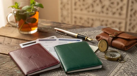 Documents de voyage étalés sur une table en bois avec passeports, cartes et billets d'avion