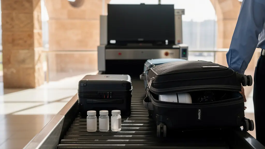 Zone de contrôle douanier avec valises sur le tapis roulant