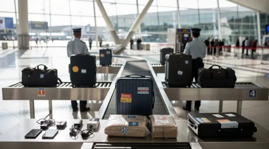 Contrôle douanier à l'aéroport avec bagages et objets interdits