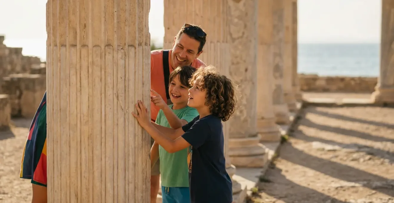 Famille explorant joyeusement les colonnes monumentales de Carthage
