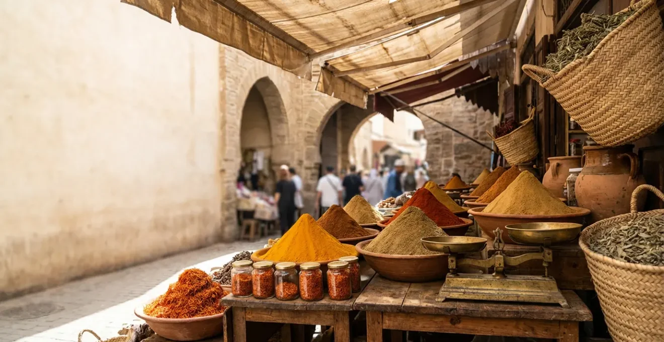 Étalage d'épices colorées dans un souk traditionnel maghrébin avec des cônes de curcuma, paprika et cumin