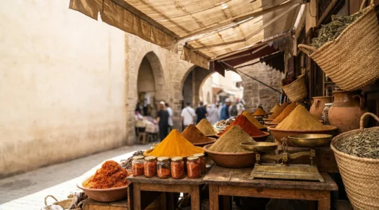 Étalage d'épices colorées dans un souk traditionnel maghrébin avec des cônes de curcuma, paprika et cumin