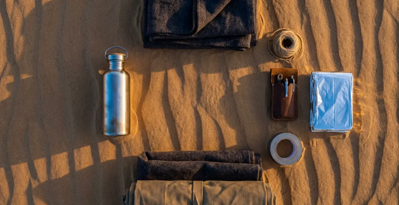 Arrangement méthodique du matériel de bivouac pour nuit froide dans le désert