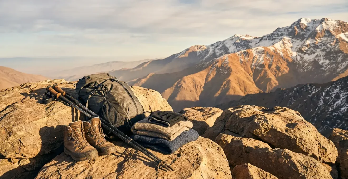 Matériel de trekking disposé sur rochers avec montagne de l'Atlas en arrière-plan