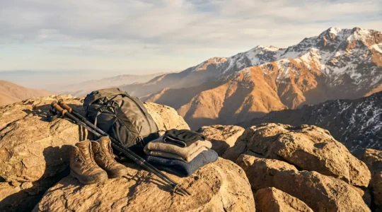 Matériel de trekking disposé sur rochers avec montagne de l'Atlas en arrière-plan