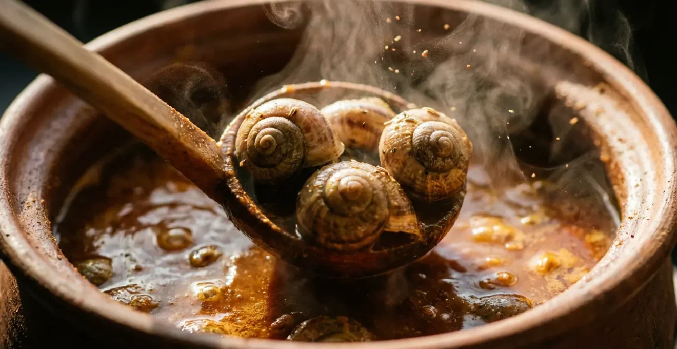 Gros plan sur des escargots fumants dans leur bouillon épicé traditionnel