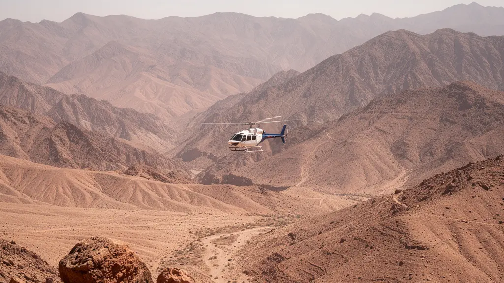 Hélicoptère de secours médical survolant une zone montagneuse désertique au Maroc avec équipe médicale à bord
