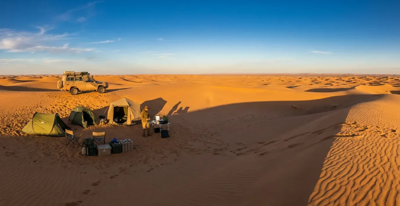 Vue panoramique d'un campement dans les dunes du Sahara au coucher du soleil avec équipement d'expédition et 4x4
