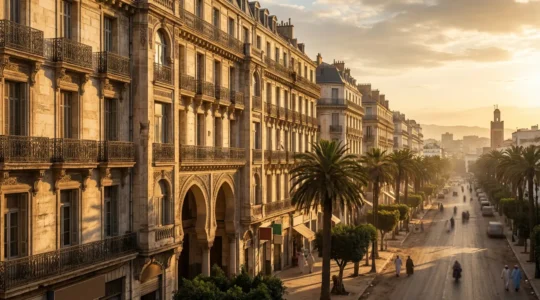 Vue perspective d'une façade coloniale avec balcons en fer forgé et arcades néo-mauresques dans une médina d'Afrique du Nord