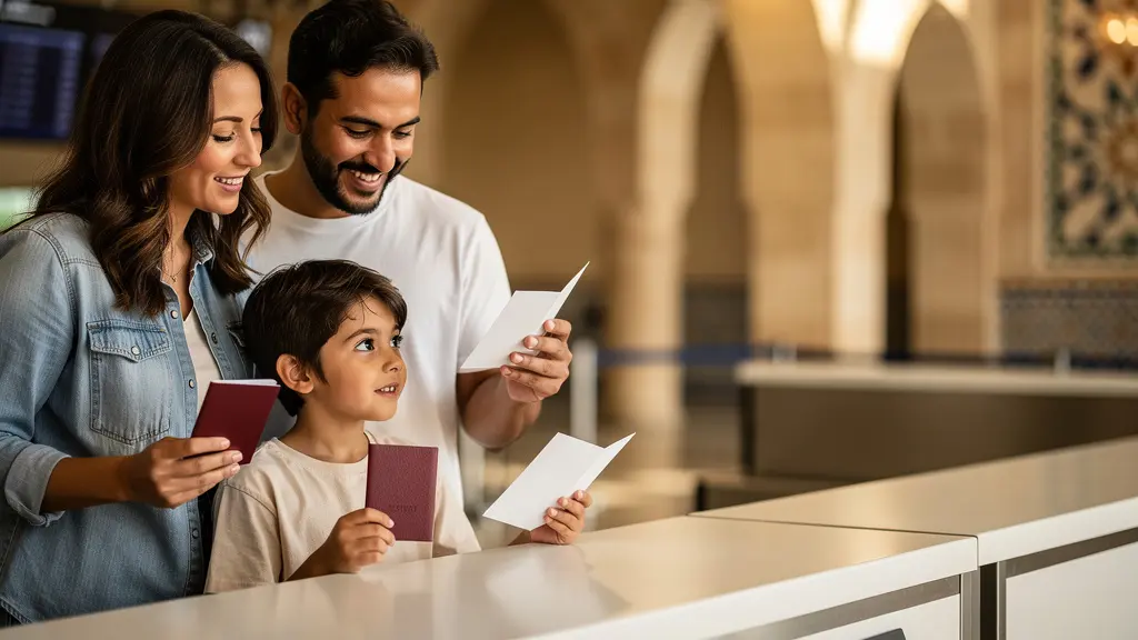 Parents avec enfant à l'aéroport tenant des documents de voyage