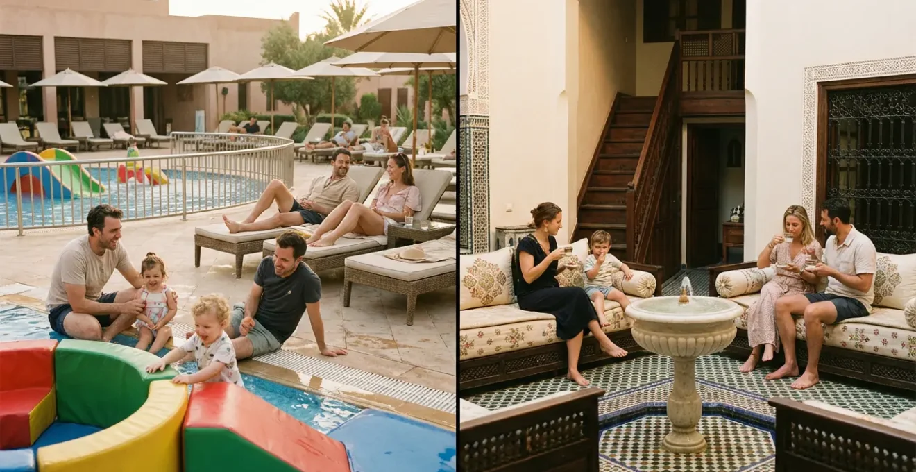 Une famille avec de jeunes enfants profitant ensemble dans un cadre marocain entre modernité et tradition