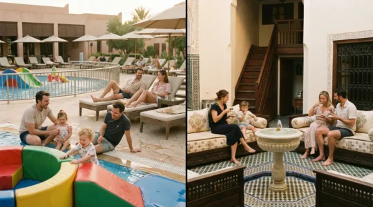 Une famille avec de jeunes enfants profitant ensemble dans un cadre marocain entre modernité et tradition