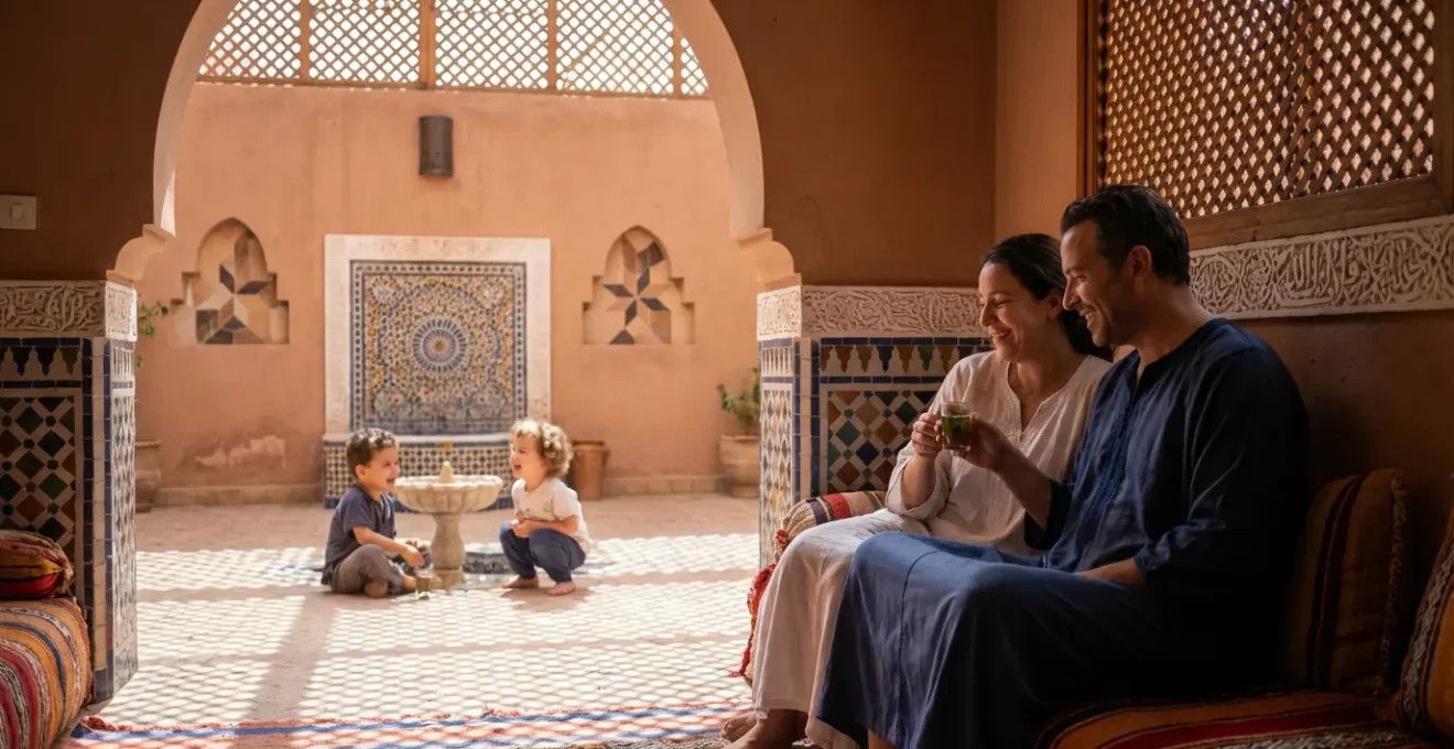 Famille avec jeunes enfants jouant dans le patio d'un riad traditionnel marocain
