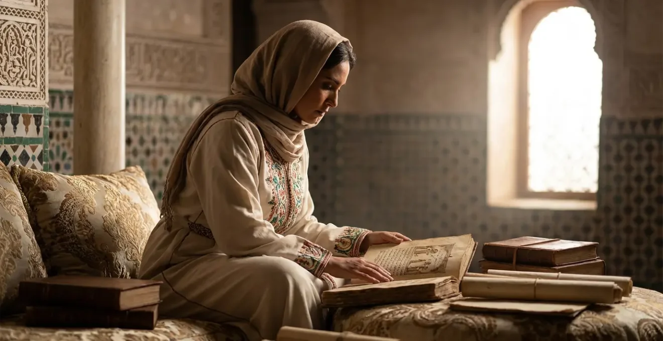 Portrait symbolique représentant une femme érudite du 9ème siècle entourée de manuscrits anciens