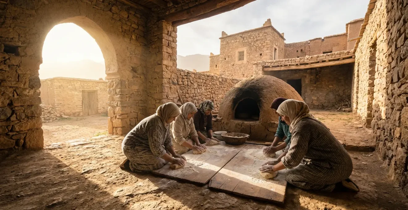 Femmes berbères préparant le pain traditionnel dans un four collectif du village