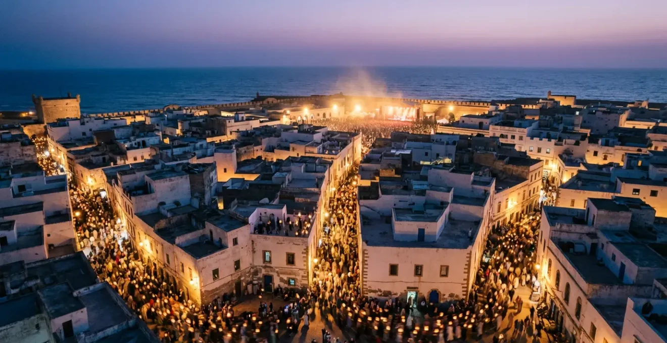 Vue nocturne sur la médina d'Essaouira pendant le festival Gnaoua avec foules et lumières des scènes