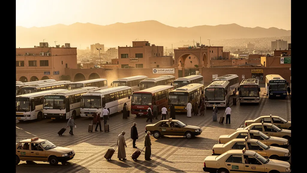 Vue panoramique d'une gare routière animée au Maroc