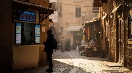 Vue d'un bureau de change dans une médina avec des devises affichées et un voyageur observant les taux