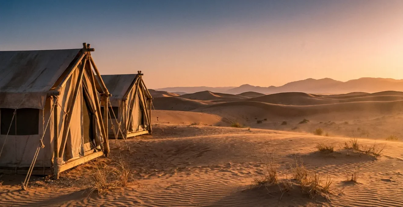Tente de glamping luxueuse dans le désert avec coucher de soleil doré