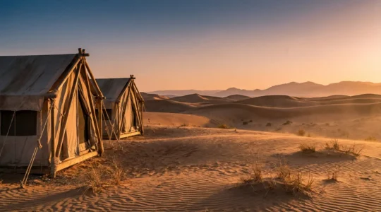 Tente de glamping luxueuse dans le désert avec coucher de soleil doré