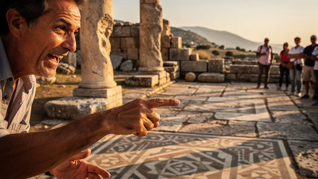 Guide professionnel expliquant les détails d'une mosaïque romaine sur un site archéologique au coucher du soleil
