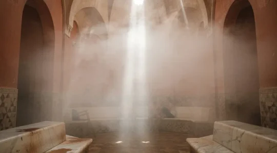 Vue intérieure d'un hammam traditionnel avec vapeur et silhouettes floues dans la pénombre chaleureuse