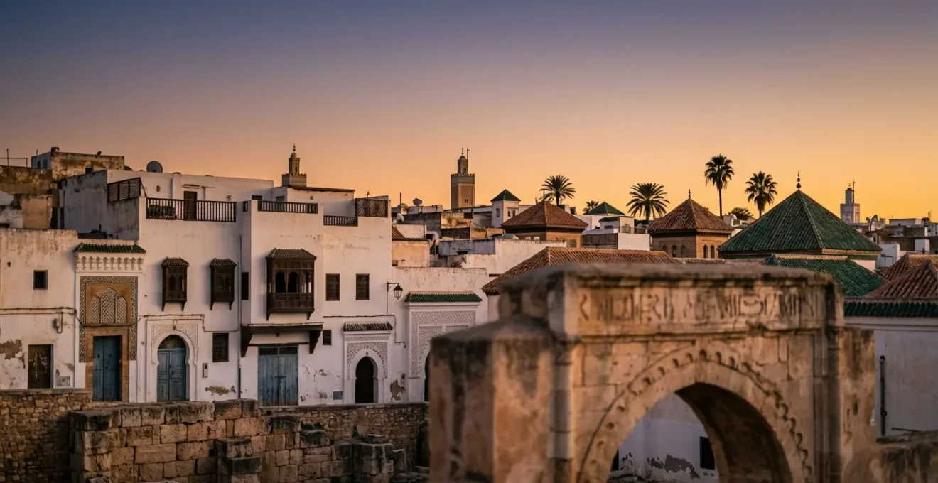 Vue panoramique d'une médina maghrébine au coucher du soleil avec ses différentes strates architecturales historiques