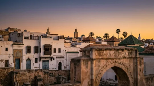Vue panoramique d'une médina maghrébine au coucher du soleil avec ses différentes strates architecturales historiques