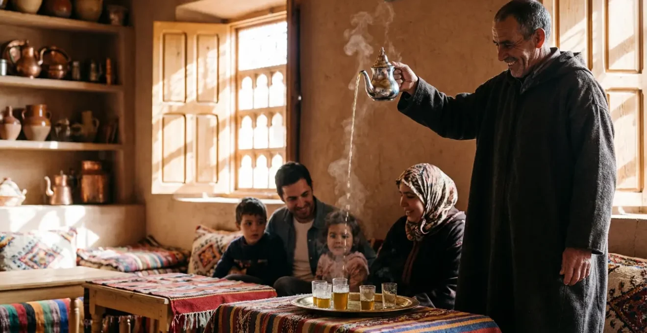 Famille berbère accueillant des voyageurs avec le thé traditionnel dans une maison de montagne de l'Atlas